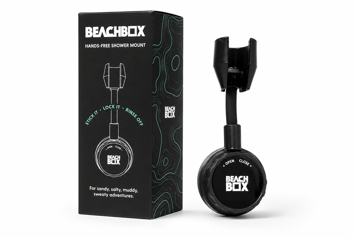 BeachBox portable shower tank set up for a hands-free rinse after surfing