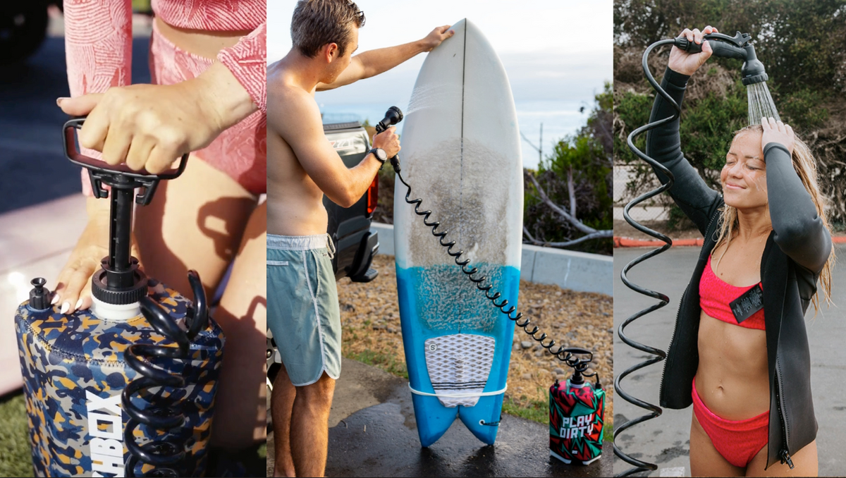 BeachBox portable surf shower used to rinse off after a surf session