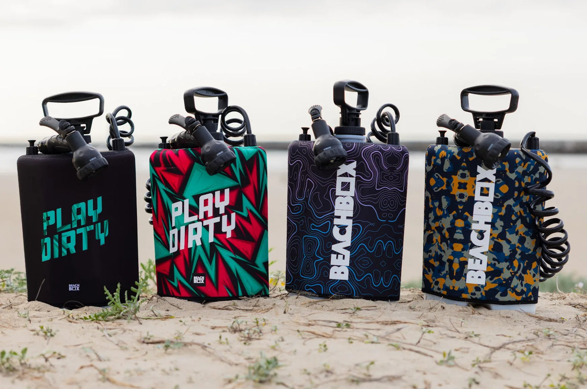 BeachBox portable shower tank shown in its available colorways