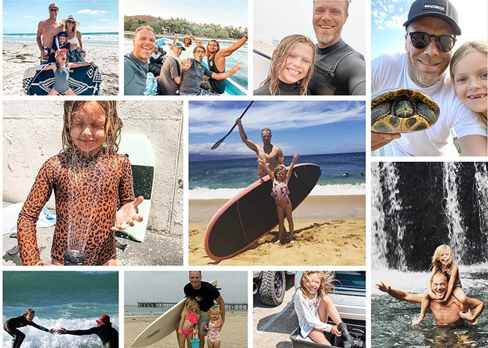Photo collage of families, surfers and paddleboarders enjoying days at the beach