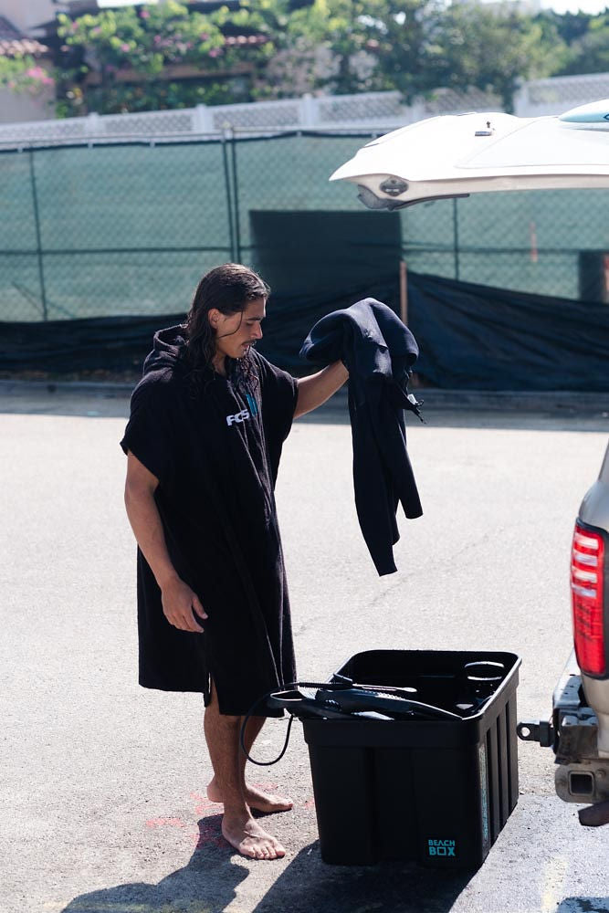 BeachBox portable shower tank used to rinse off wetsuits after a surf or dive