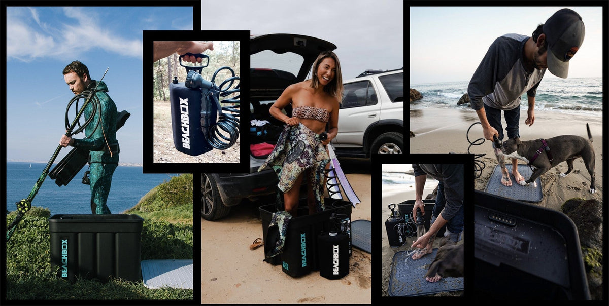 Collage of people using BeachBox shower tanks and storage boxes at the beach and a car boot