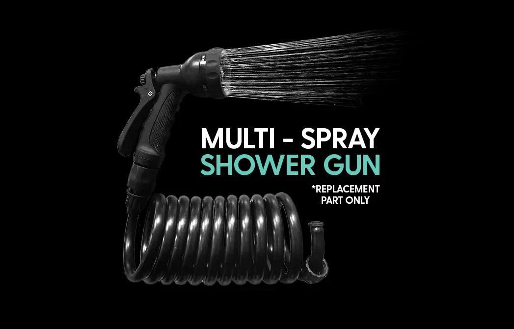 BeachBox multi-spray shower gun and coiled hose spraying water, sold as a replacement part