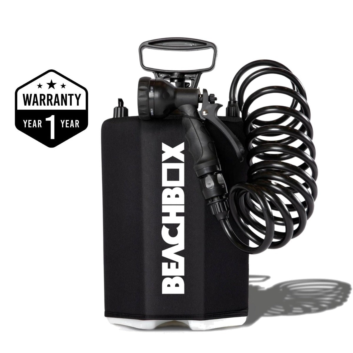 Black BeachBox portable beach shower tank with coiled hose, badged with a one-year warranty