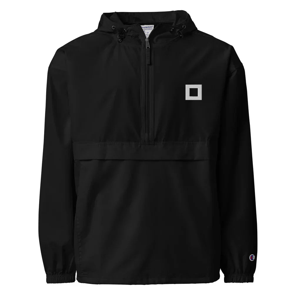 Black Champion packable jacket with an embroidered BeachBox logo