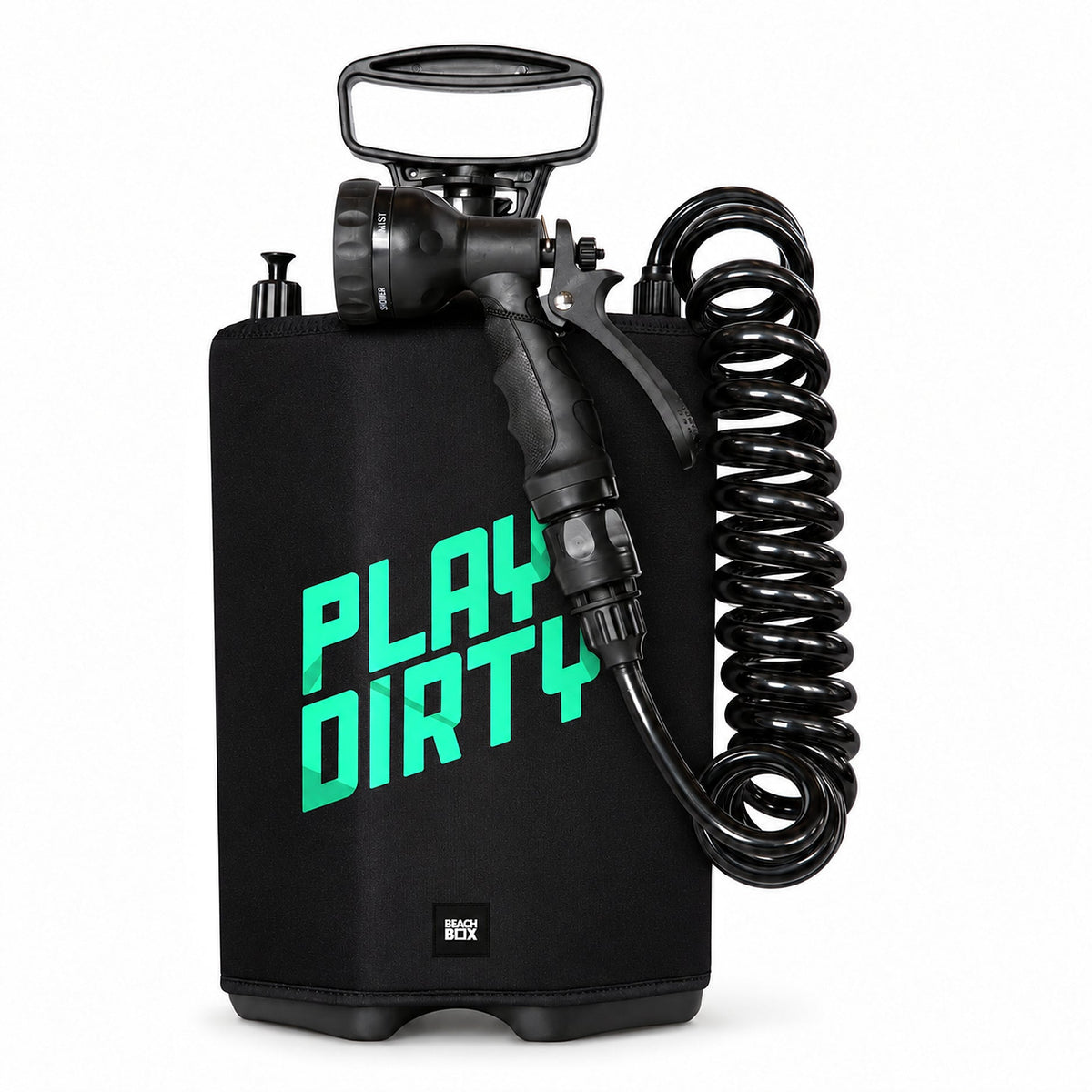 BeachBox Portable Outdoor Shower Tank - Play Dirty Black, on white