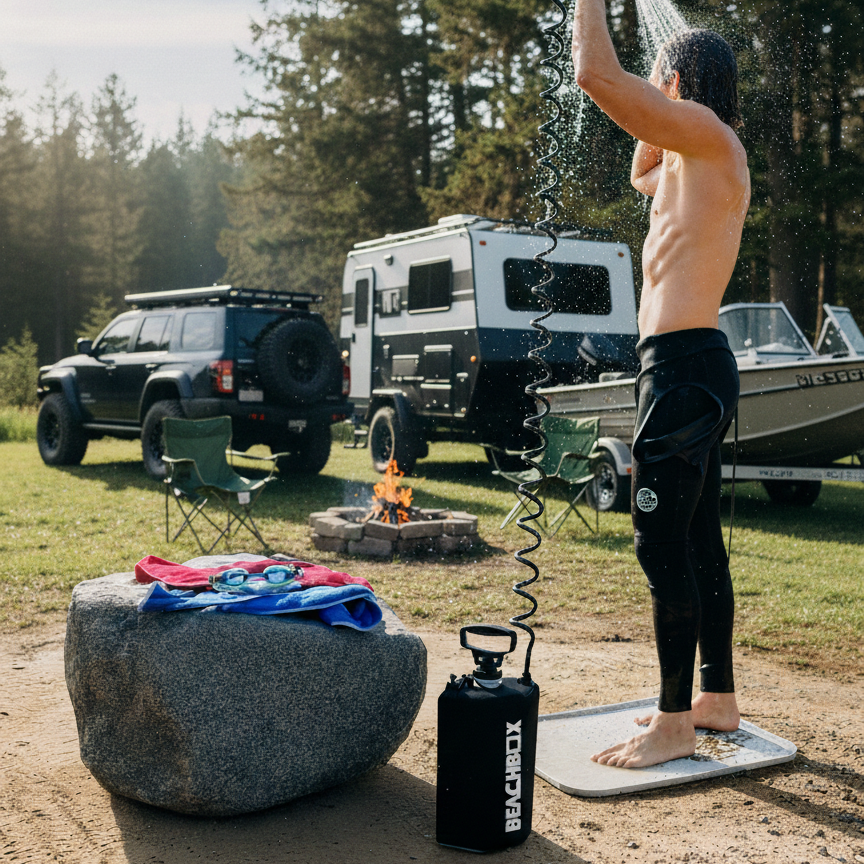 Person using a portable shower outdoors with a camper and vehicle in the background.