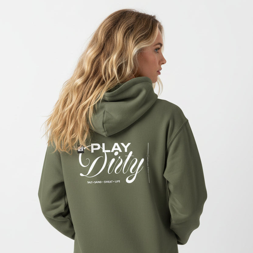 BeachBox Play Dirty Hoodie being work by surfer model