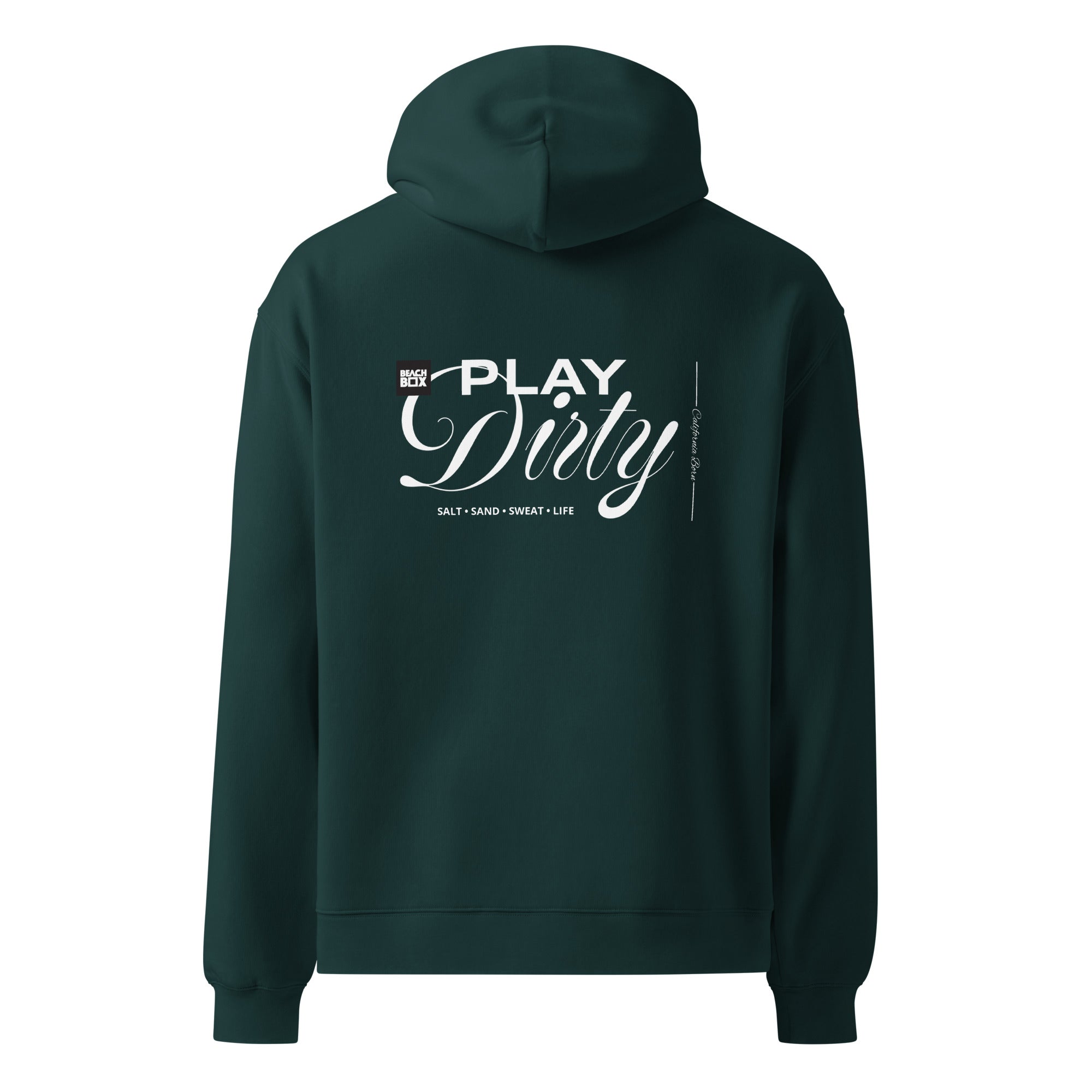 Play Dirty CA Born oversized hoodie in pine green, back view