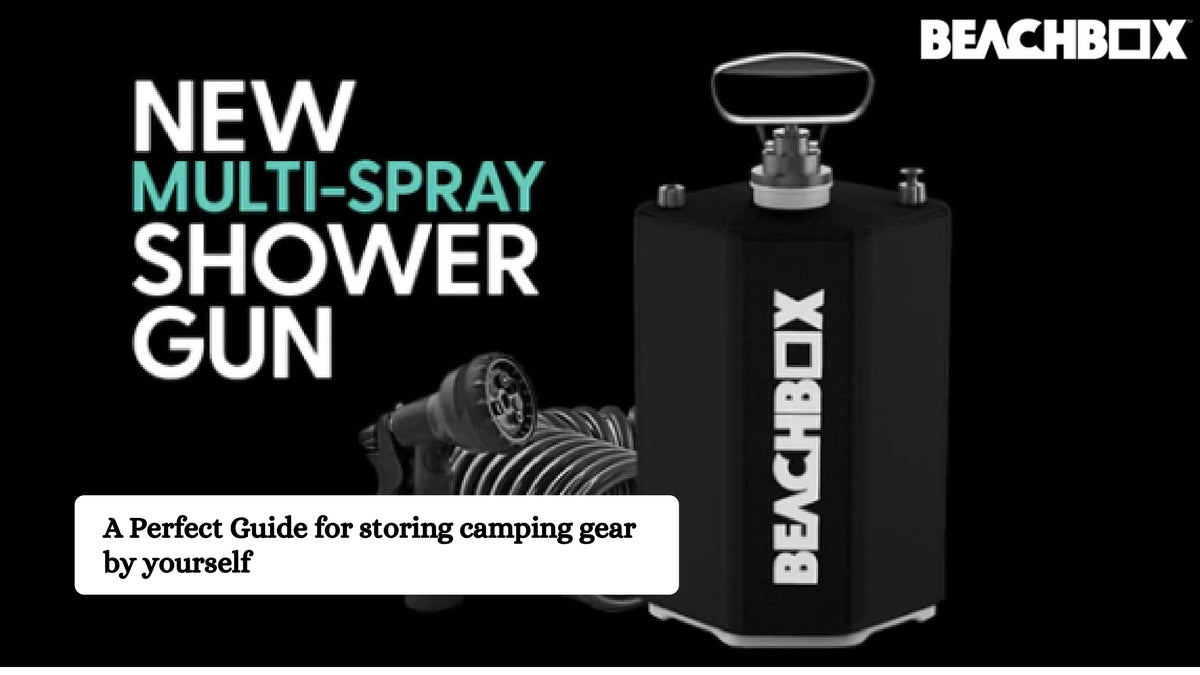 BeachBox shower tank and coiled hose beside the words New Multi-Spray Shower Gun