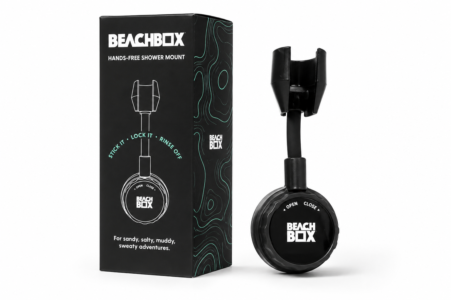 BeachBox portable shower tank set up for a hands-free rinse after surfing