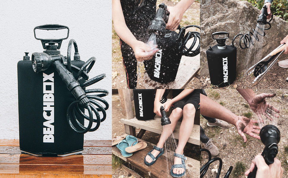 BeachBox shower tank product shot beside people rinsing their feet at an outdoor camp