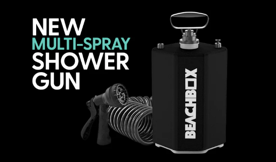BeachBox shower tank and coiled hose beside the words New Multi-Spray Shower Gun