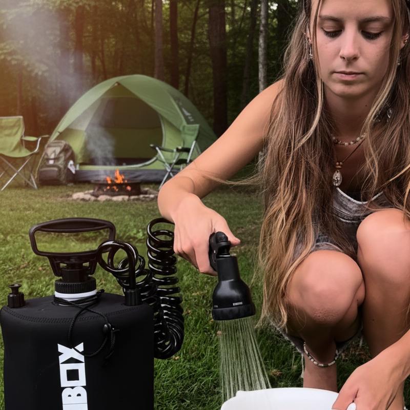 Woman using a BeachBox portable camping shower at a wooded campsite beside a tent