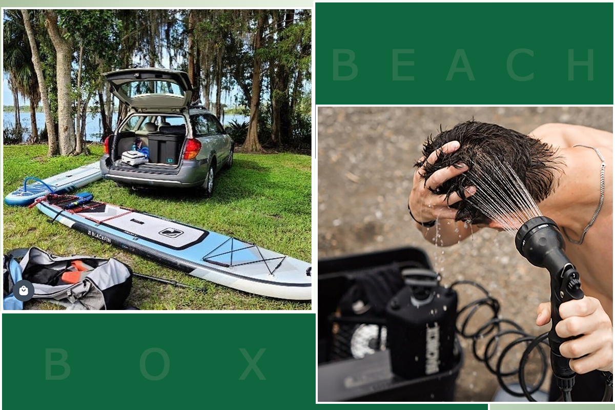 Paddleboards loaded at a car boot beside a man rinsing his hair with a BeachBox shower