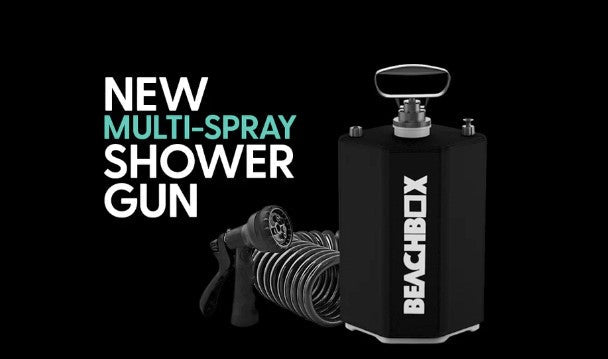 BeachBox shower tank and coiled hose beside the words New Multi-Spray Shower Gun