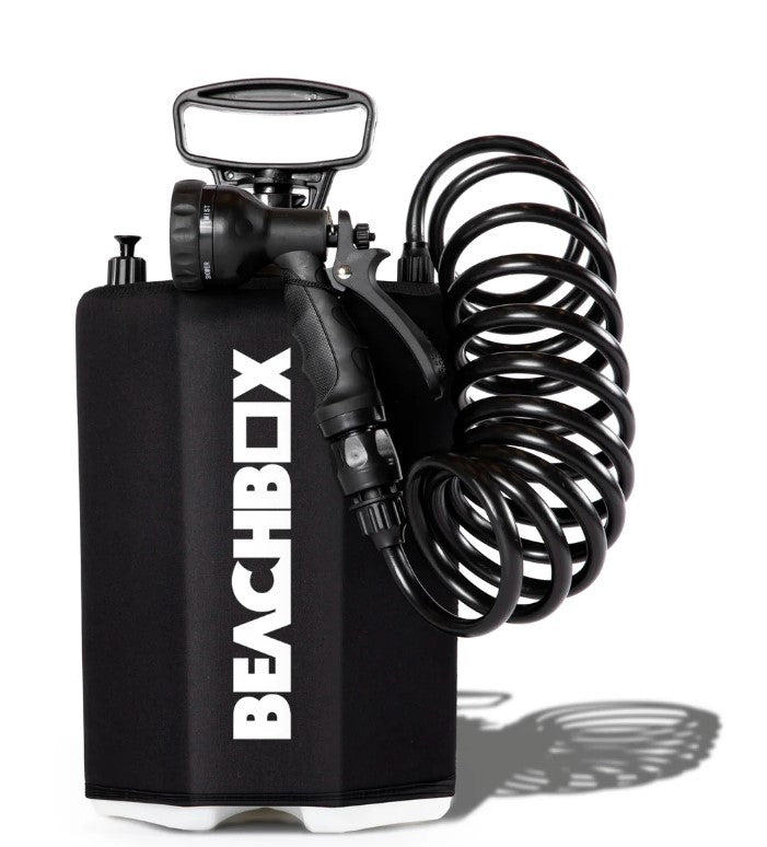 Black BeachBox portable shower tank with its coiled hose and five-mode spray gun