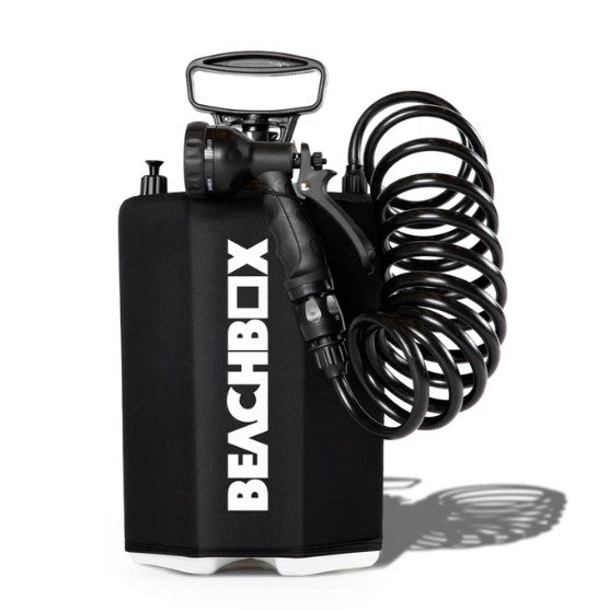 Black BeachBox portable shower tank with its coiled hose and five-mode spray gun