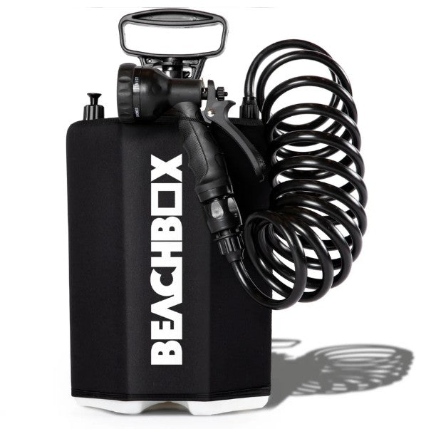 Black BeachBox portable shower tank with coiled hose and spray gun for rinsing gear