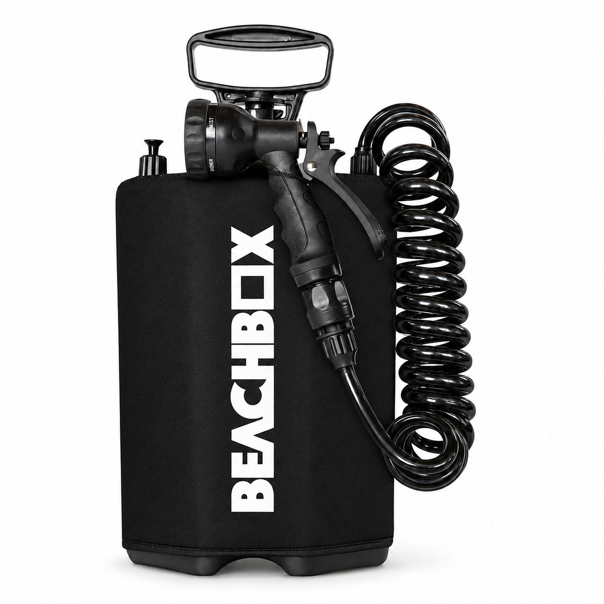 BeachBox Portable Outdoor Shower Tank - Black, on white